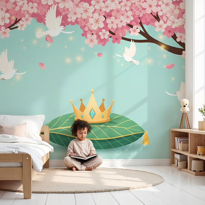 Papel de parede para quarto de bebé | Coroa dourada sobre uma almofada de folhas debaixo de uma cerejeira em flor