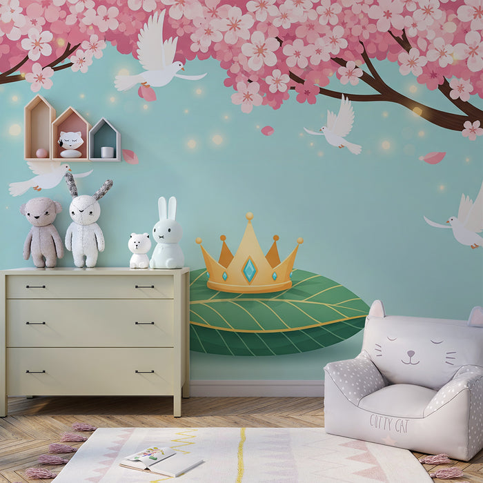 Papel de parede para quarto de bebé | Coroa dourada sobre uma almofada de folhas debaixo de uma cerejeira em flor