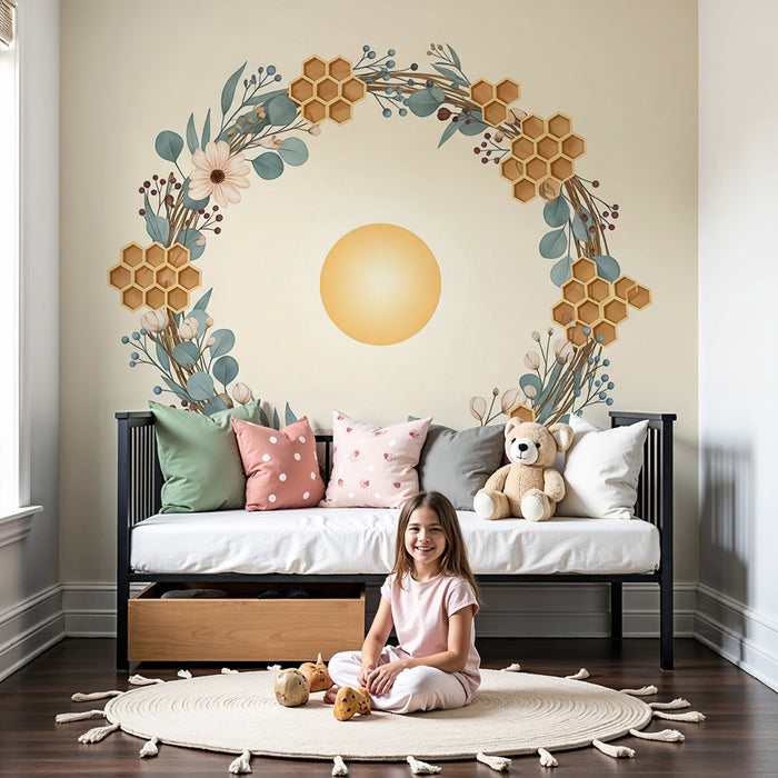 Papel de parede para quarto de bebé | Coroa de flores com favos de mel e sol suave