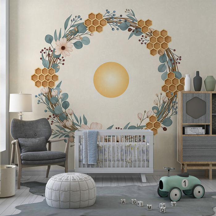 Papel de parede para quarto de bebé | Coroa de flores com favos de mel e sol suave