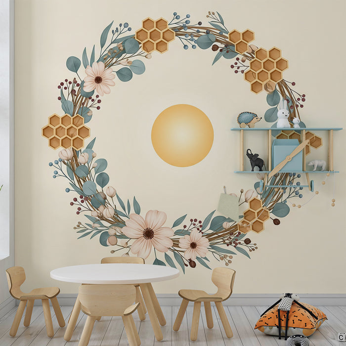 Papel de parede para quarto de bebé | Coroa de flores com favos de mel e sol suave