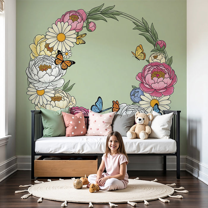 Babykamer behang | Bloemenkrans met kleurrijke vlinders op een zachte groene achtergrond