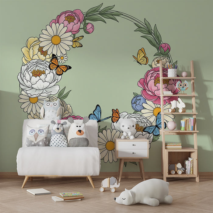 Babykamer behang | Bloemenkrans met kleurrijke vlinders op een zachte groene achtergrond