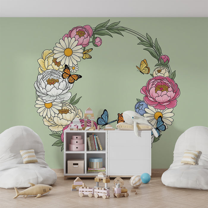 Babykamer behang | Bloemenkrans met kleurrijke vlinders op een zachte groene achtergrond