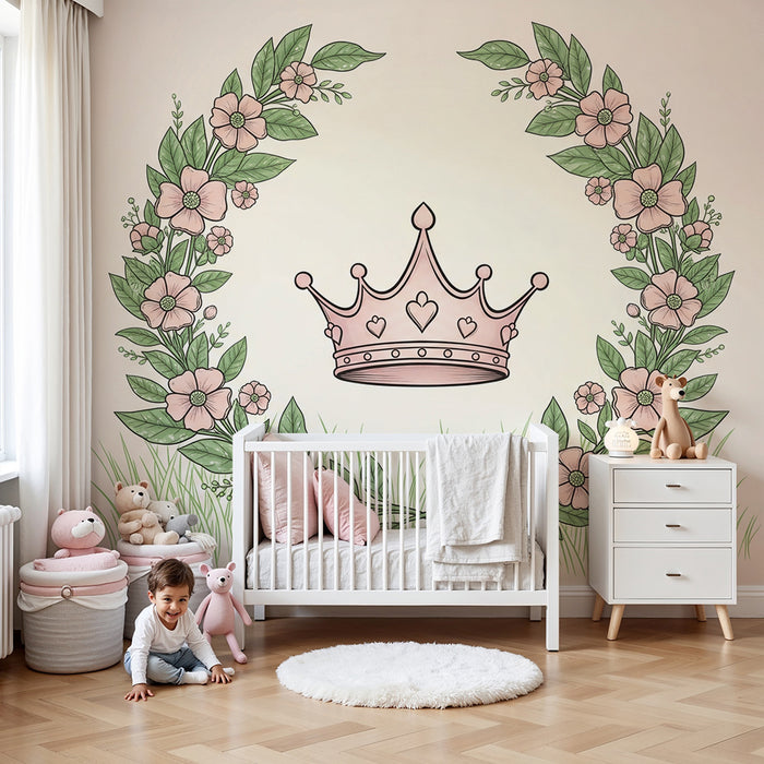 Papier peint chambre bébé | Couronne florale avec une couronne rose