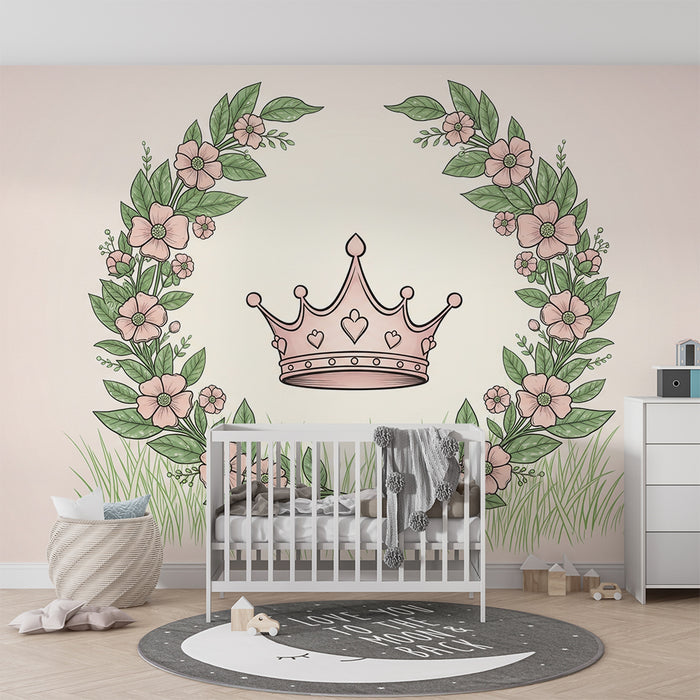 Papier peint chambre bébé | Couronne florale avec une couronne rose
