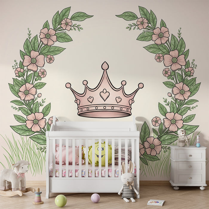 Papier peint chambre bébé | Couronne florale avec une couronne rose