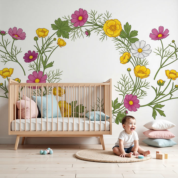 Lastenhuoneen tapetti | Värikäs kukkakruunu kirkkailla kukilla