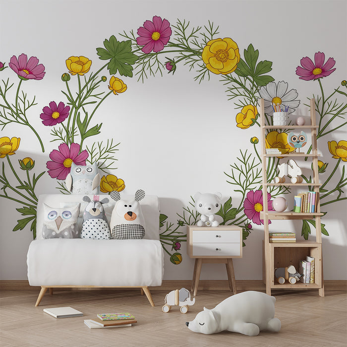 Lastenhuoneen tapetti | Värikäs kukkakruunu kirkkailla kukilla