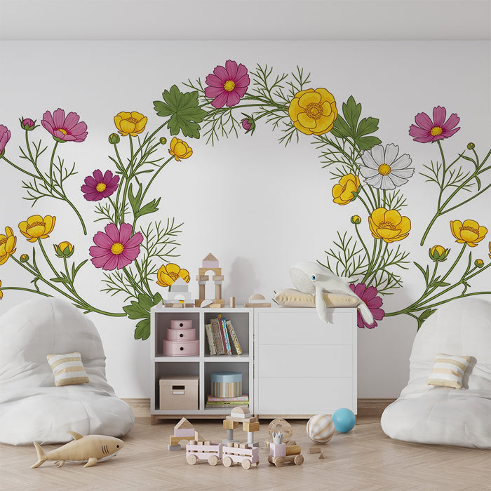 Lastenhuoneen tapetti | Värikäs kukkakruunu kirkkailla kukilla