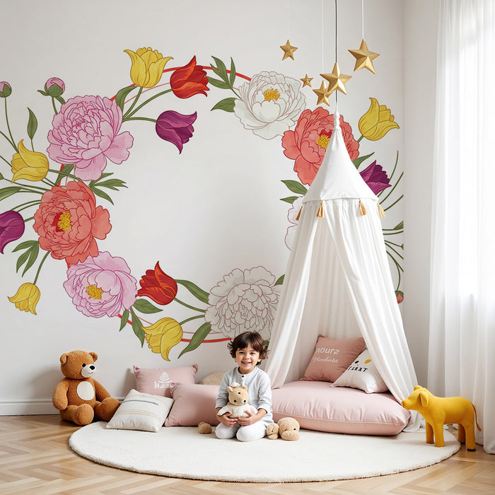 Lastenhuoneen tapetti | Värikäs kukkakruunu pioneilla ja tulppaaneilla