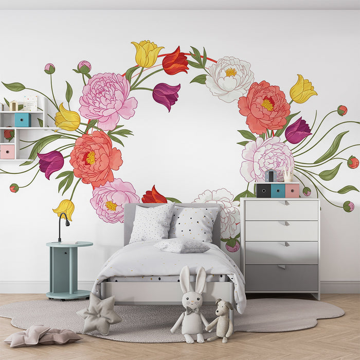 Lastenhuoneen tapetti | Värikäs kukkakruunu pioneilla ja tulppaaneilla