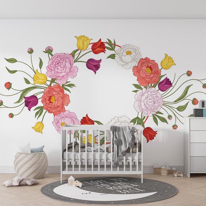 Lastenhuoneen tapetti | Värikäs kukkakruunu pioneilla ja tulppaaneilla