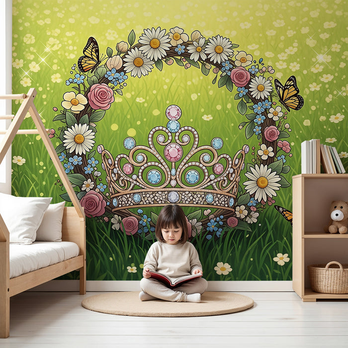 Papel de parede para quarto de bebé | Coroa de flores e borboletas num campo ensolarado