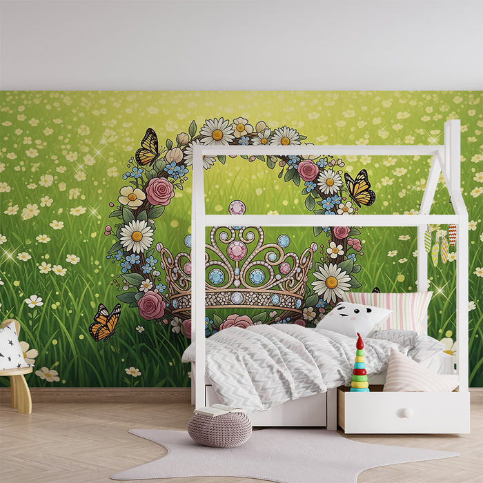 Papel de parede para quarto de bebé | Coroa de flores e borboletas num campo ensolarado
