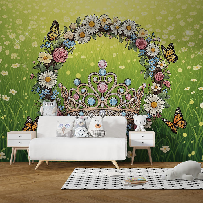 Papel de parede para quarto de bebé | Coroa de flores e borboletas num campo ensolarado
