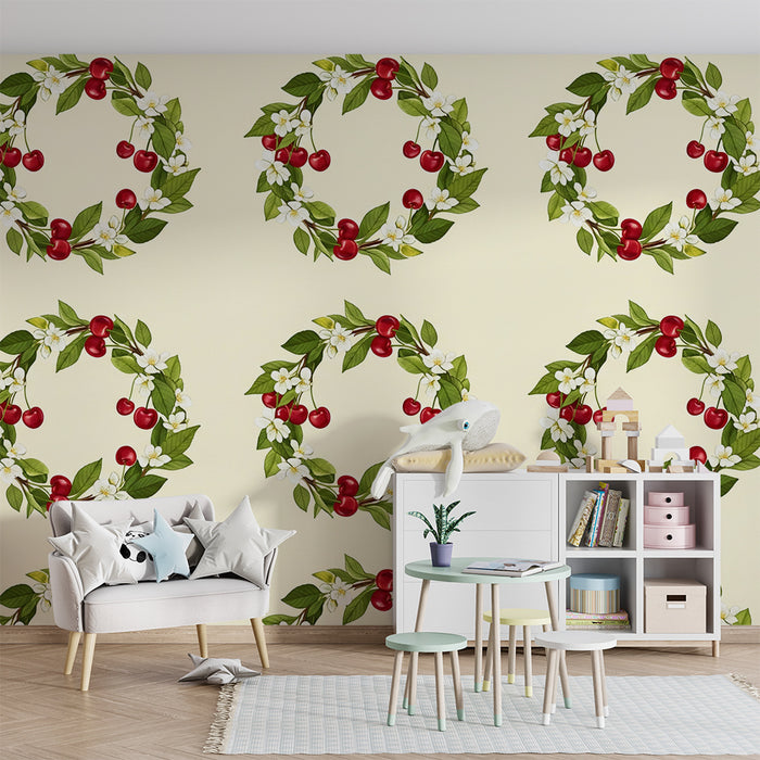 Barntapet | Körsbärs- och blomkransar på krämfärgad bakgrund