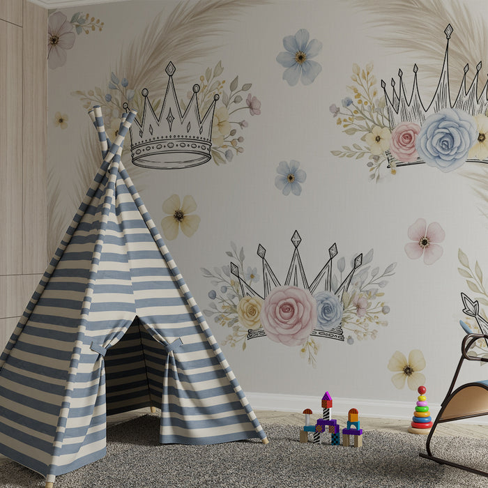 Lastenhuoneen tapetti | Herkät kukkakruunut vaaleanpunaisilla ruusuilla ja höyhenillä