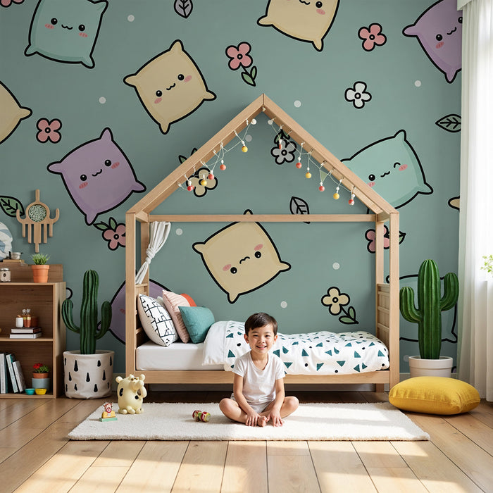 Papier peint chambre bébé | Coussin mignon et fleurs sur fond pastel
