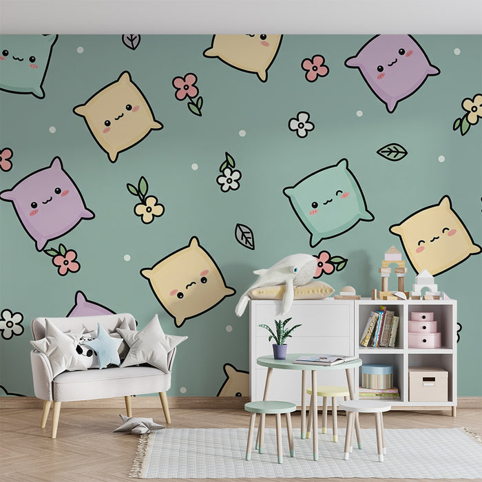 Papier peint chambre bébé | Coussin mignon et fleurs sur fond pastel