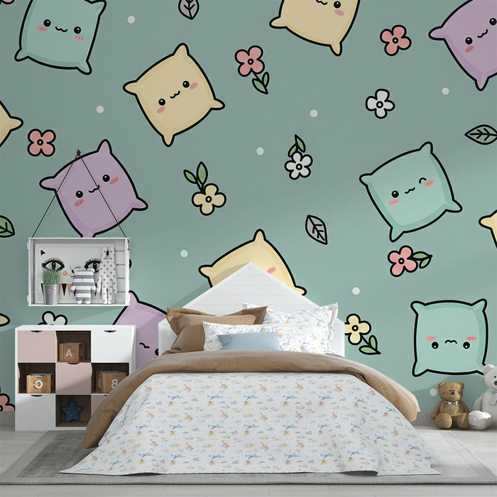 Papier peint chambre bébé | Coussin mignon et fleurs sur fond pastel