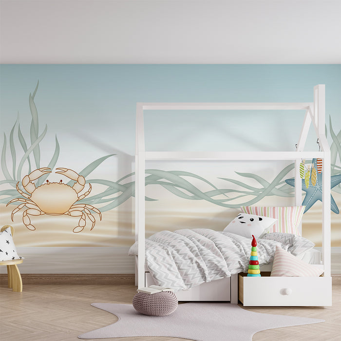 Papier peint chambre bébé | Crabe et étoile de mer sur fond de sable