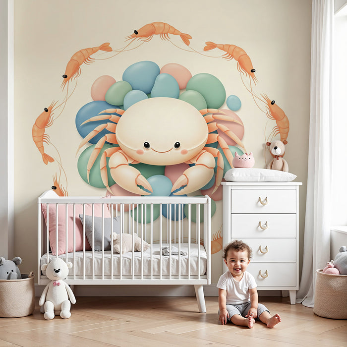 Papier peint chambre bébé | Crabe joyeux entouré de crevettes et de galets colorés