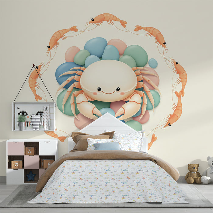 Papier peint chambre bébé | Crabe joyeux entouré de crevettes et de galets colorés