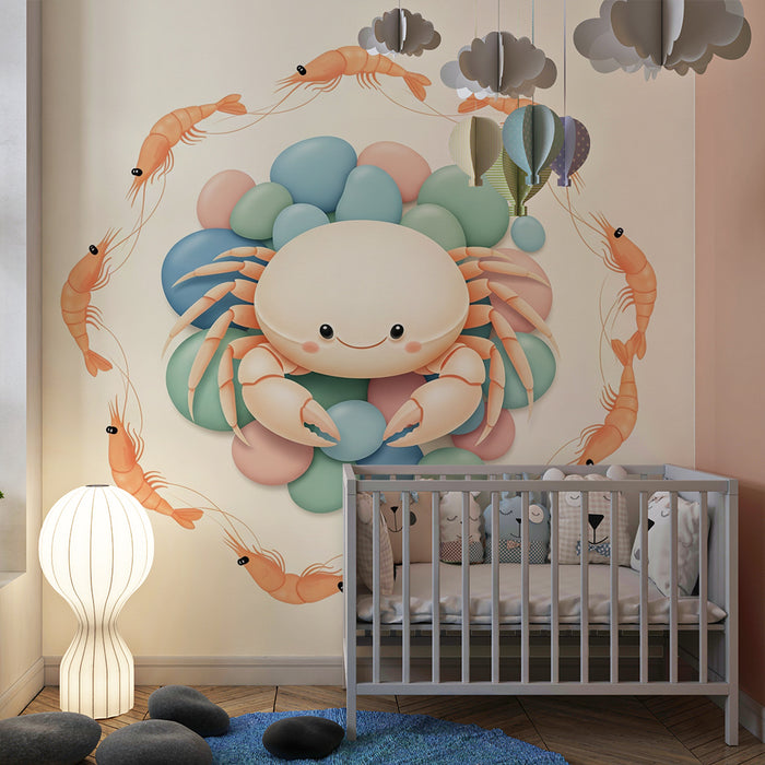 Papier peint chambre bébé | Crabe joyeux entouré de crevettes et de galets colorés