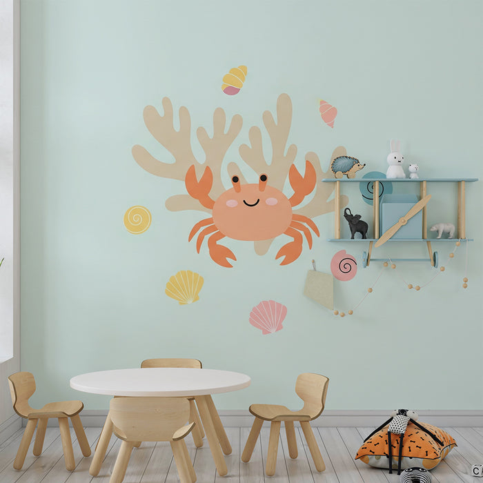 Barntapet | Glada krabbor och färgglada snäckor på en akvatisk bakgrund