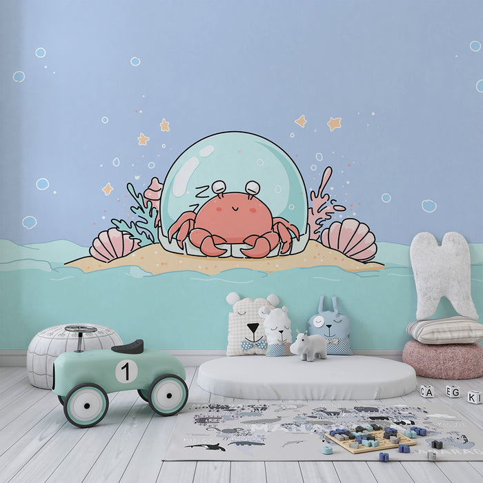 Barntapet | Söt krabba under en bubbla i en färgglad havsvärld