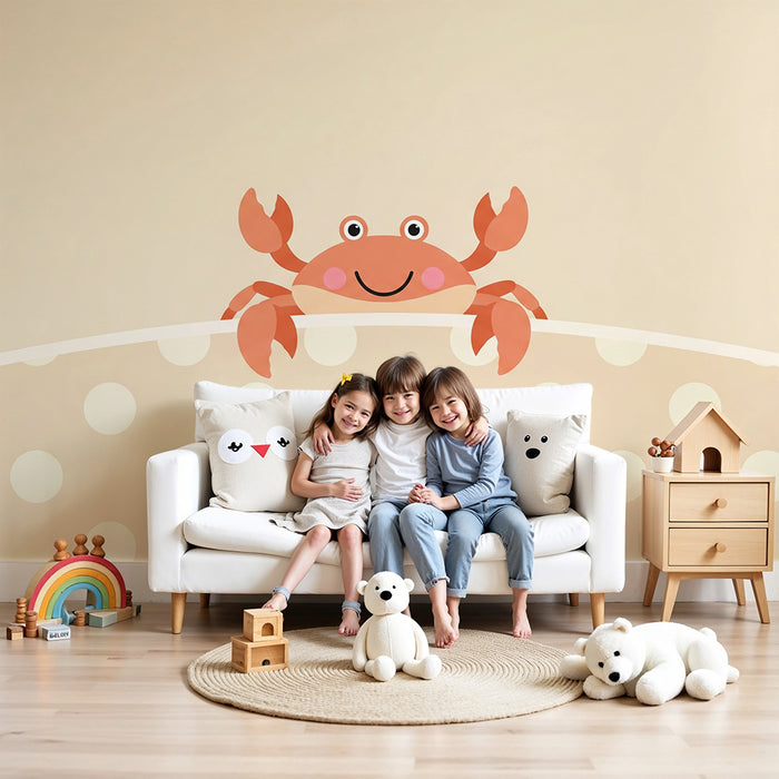 Papier peint chambre bébé | Crabe souriant sur fond doux avec pois