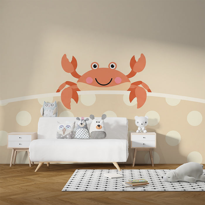Papier peint chambre bébé | Crabe souriant sur fond doux avec pois
