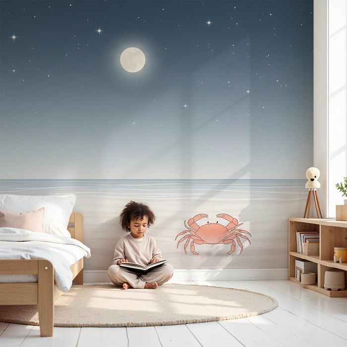 Papier peint chambre bébé | Crabe sur la plage sous la lune étoilée