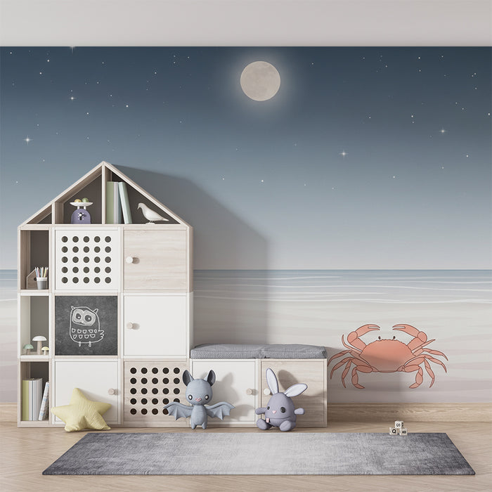 Papier peint chambre bébé | Crabe sur la plage sous la lune étoilée
