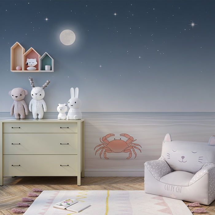 Papier peint chambre bébé | Crabe sur la plage sous la lune étoilée