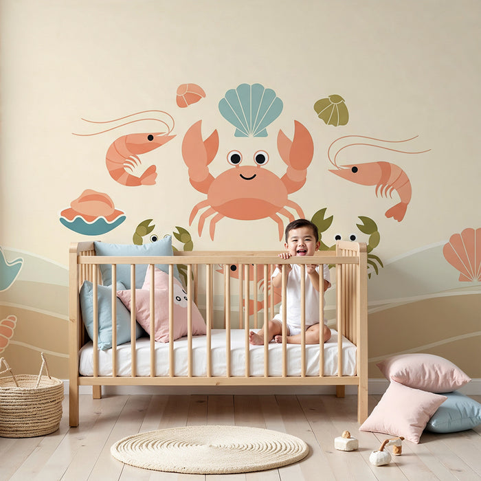 Papier peint chambre bébé | Crabes et crevettes dans un univers marin doux