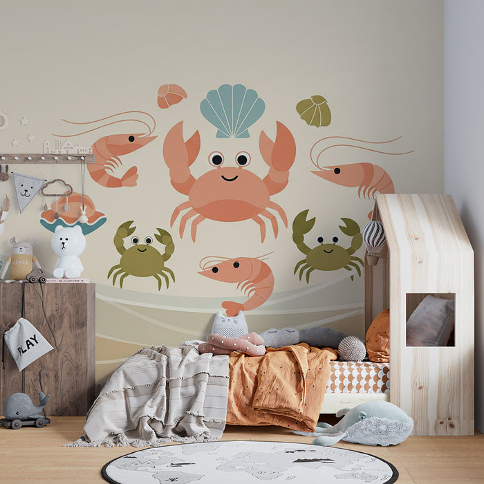 Papier peint chambre bébé | Crabes et crevettes dans un univers marin doux
