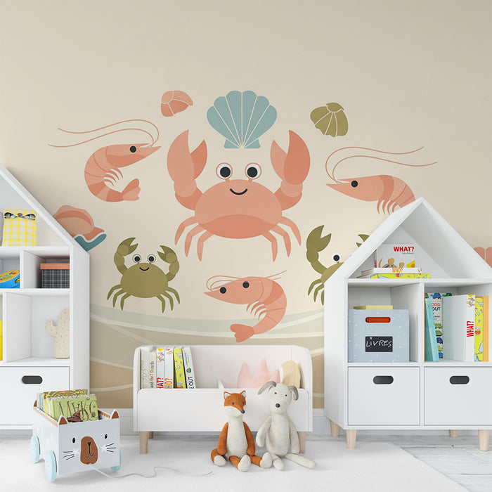 Papier peint chambre bébé | Crabes et crevettes dans un univers marin doux