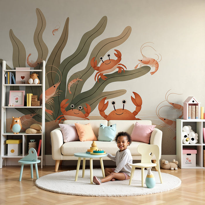 Papier peint chambre bébé | Crabes et crevettes sur le sable avec algues marines