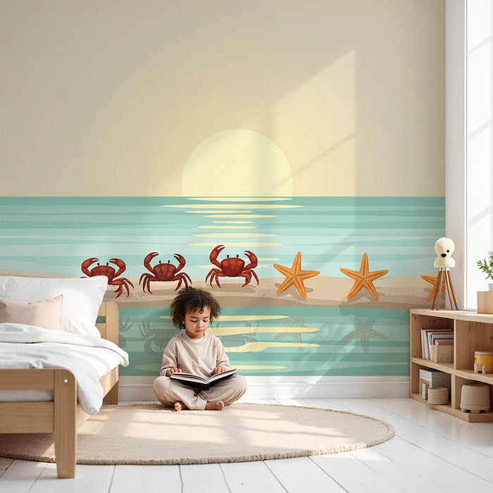 Papier peint chambre bébé | Crabes et étoiles de mer au coucher de soleil