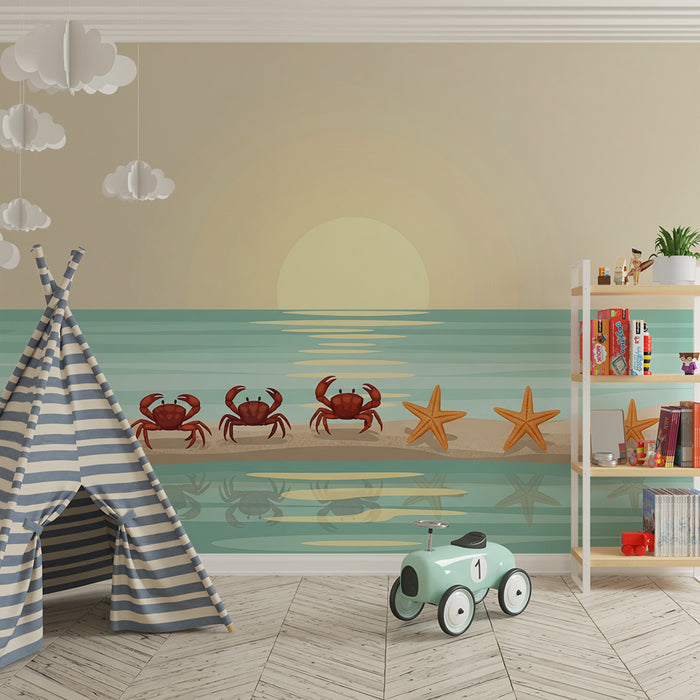 Papier peint chambre bébé | Crabes et étoiles de mer au coucher de soleil