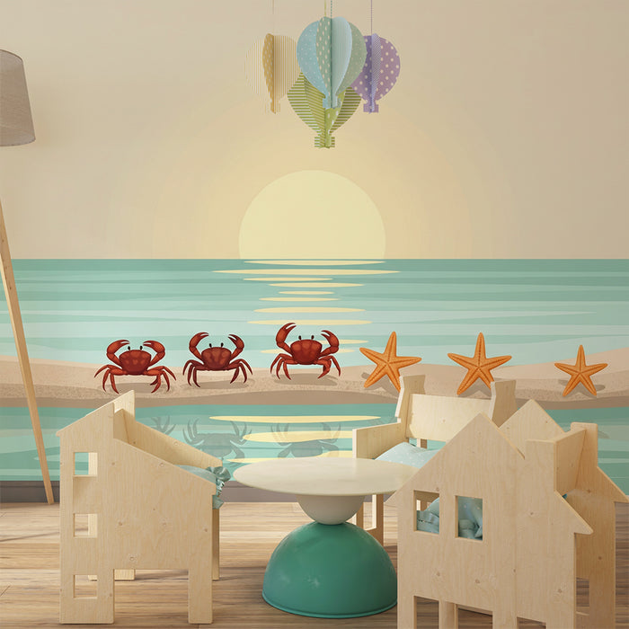 Papier peint chambre bébé | Crabes et étoiles de mer au coucher de soleil