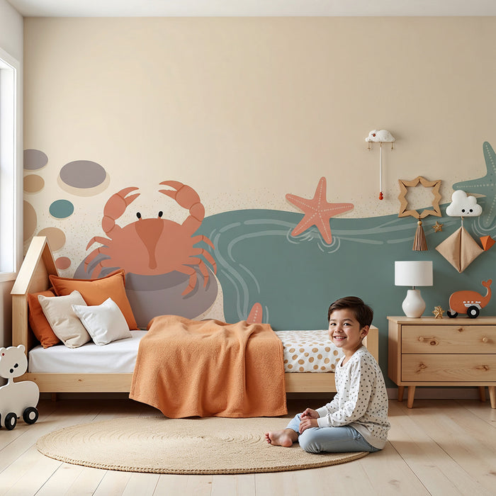 Papier peint chambre bébé | Crabes et étoiles de mer sur un rivage apaisant