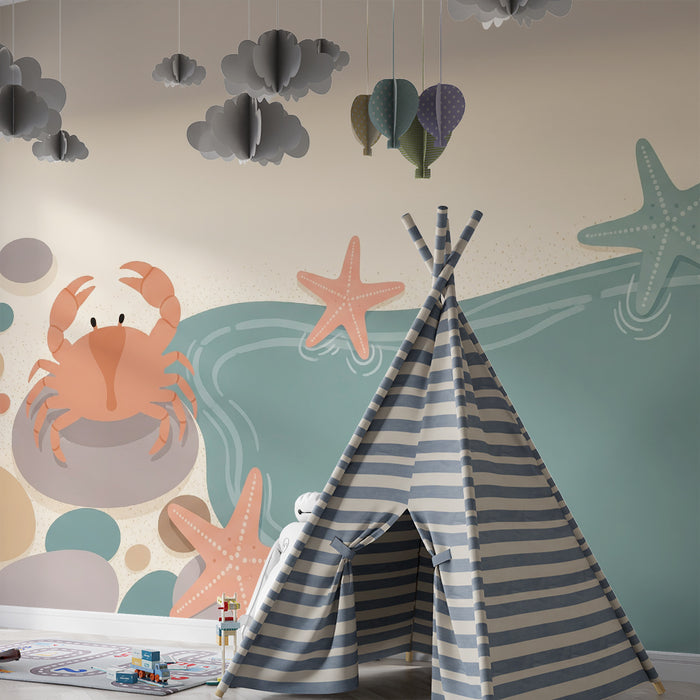 Papier peint chambre bébé | Crabes et étoiles de mer sur un rivage apaisant