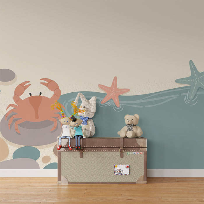 Papier peint chambre bébé | Crabes et étoiles de mer sur un rivage apaisant