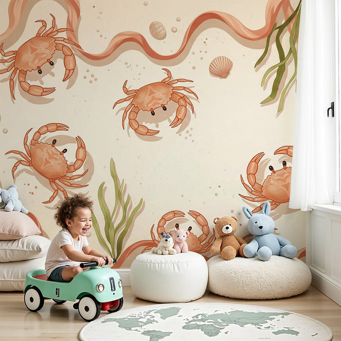 Papier peint chambre bébé | Crabes joyeux et algues marines sur fond sableux