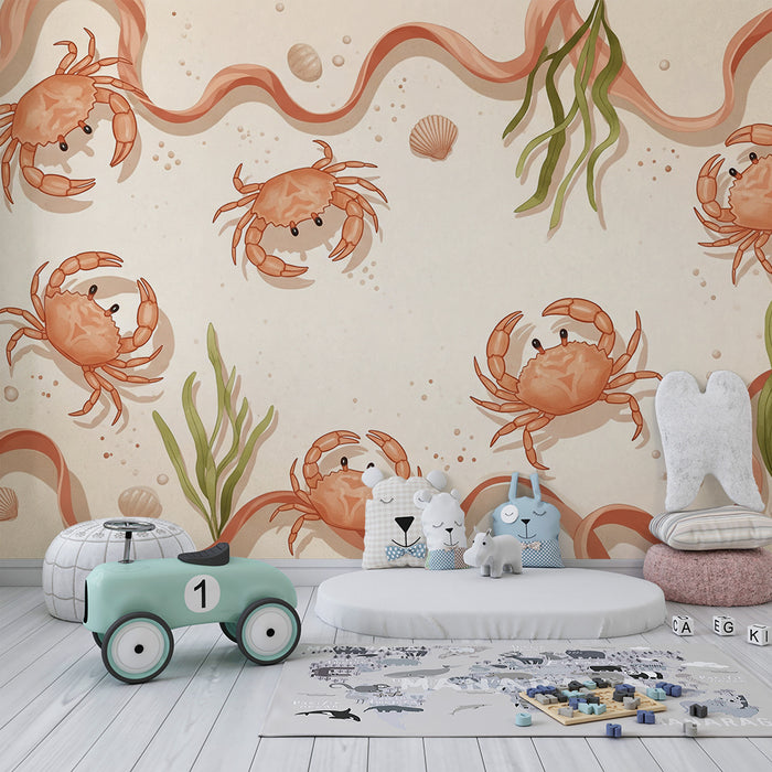 Papier peint chambre bébé | Crabes joyeux et algues marines sur fond sableux