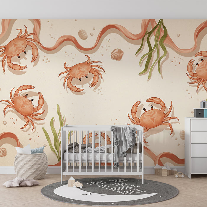 Papier peint chambre bébé | Crabes joyeux et algues marines sur fond sableux