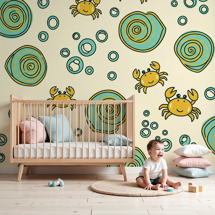 Papel de parede para quarto de bebé | Caranguejos alegres e conchas coloridas sobre fundo suave